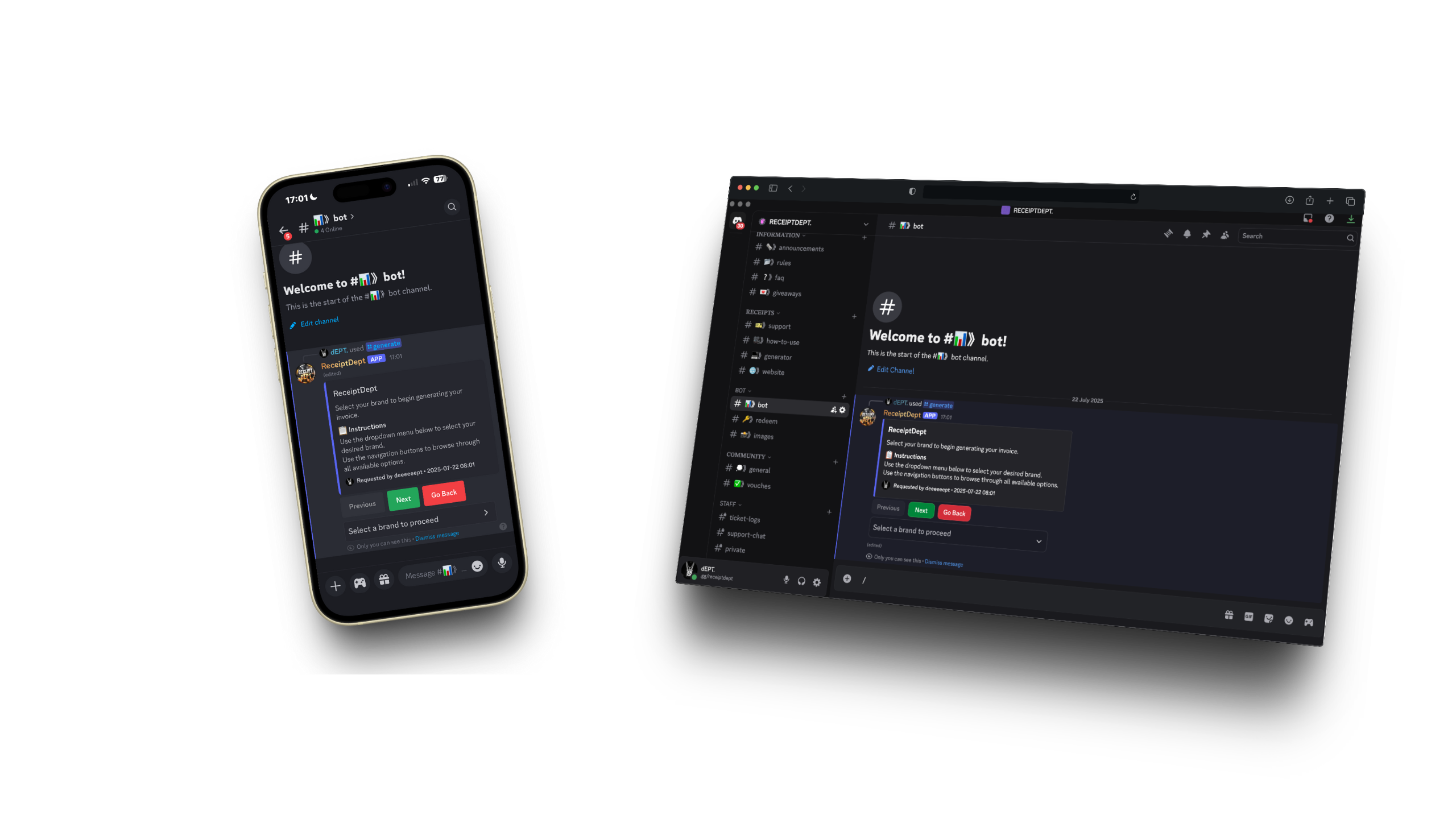 ReceiptDept Discord Bot Interface - Mobile and Desktop